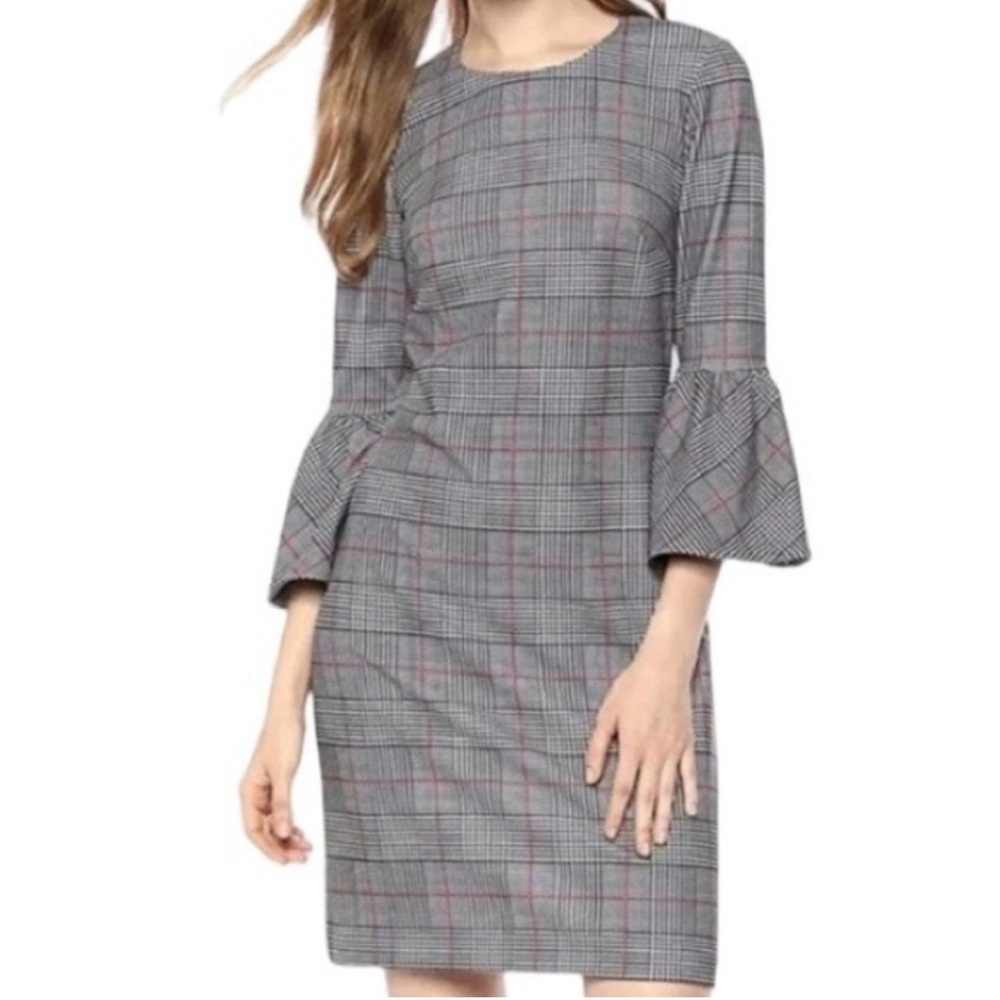 Calvin Klein Houndstooth Bell Sleeve Plaid Sheath Dress Size 4